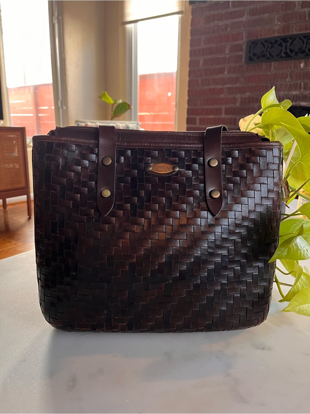 Rufra Firenze Woven Leather Shoulder Bag Dark Brown Italian Tote